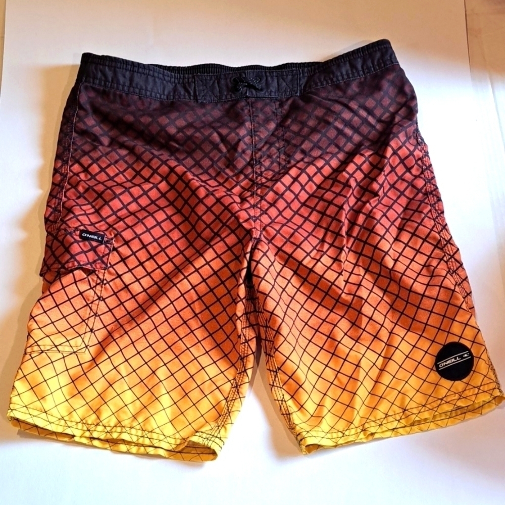 Board shorts swim trunks boy checkered O'Neill orange yellow black ombre pocket
